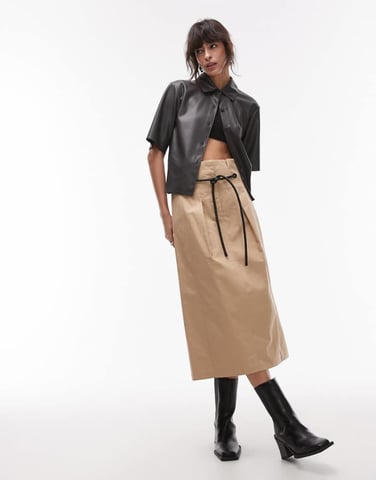 ASOS DESIGN deconstructed high waist belted skirt in camel