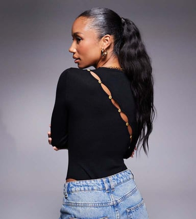 Kaiia exclusive asymmetric button back knitted long sleeve bodysuit in black