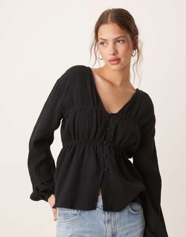 ASOS DESIGN long sleeve smock top with button front in black
