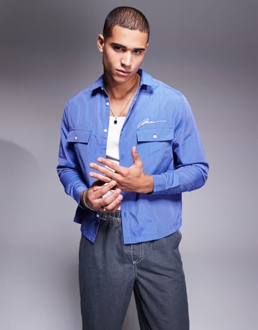 ASOS DESIGN boxy relaxed stripe shirt with chest embroidery in blue