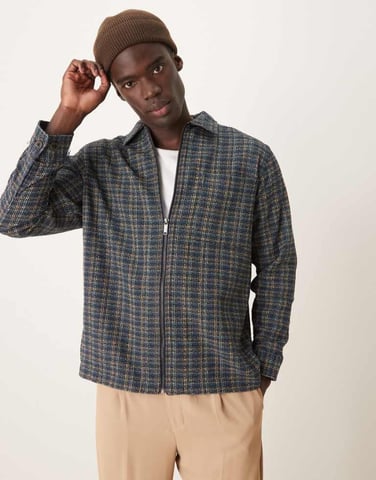 Selected oversized boxy textured overshirt in blue mix