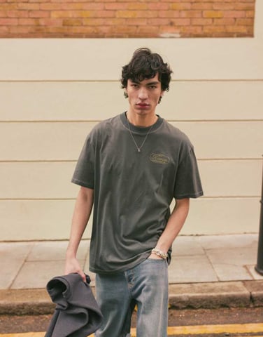 Topman relaxed fit t-shirt with front and back swing tag print and embroidery in charcoal