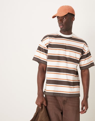 Selected oversized heavy weight t-shirt in cream tan brown stripe