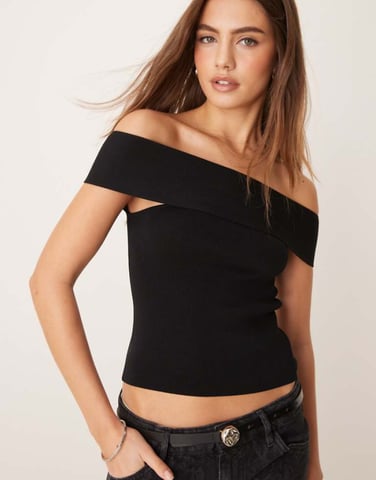 Gina Tricot compact knitted top with off shoulder detail in black
