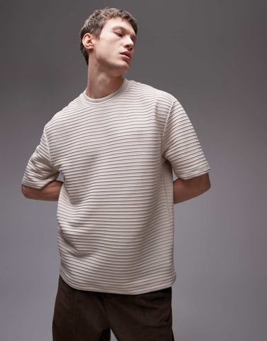 Topman avslappnad passform smart ribbad t-shirt i sten
