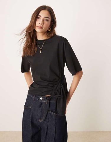 ASOS DESIGN oversized t-shirt with drawstring godet detail in black