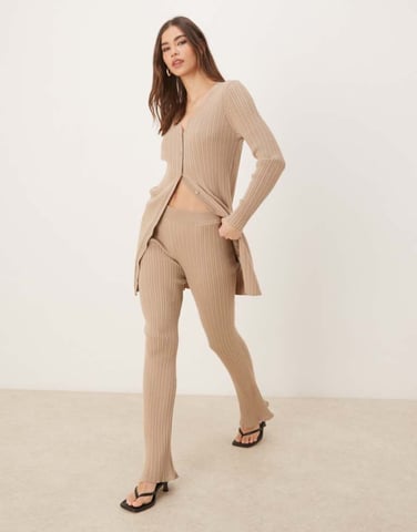 Vila ribbed flare trouser co-ord in tan
