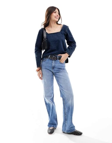 ASOS DESIGN denim seamed long sleeve top in dark indigo