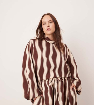 ASOS EDITION Curve high neck oversized top co-ord in chocolate wavey print