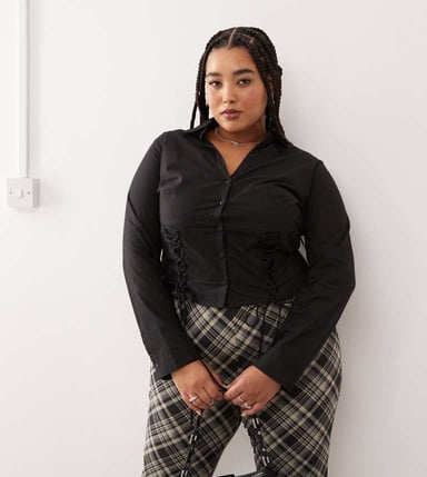 COLLUSION Plus fitted corset shirt with long sleeve in black