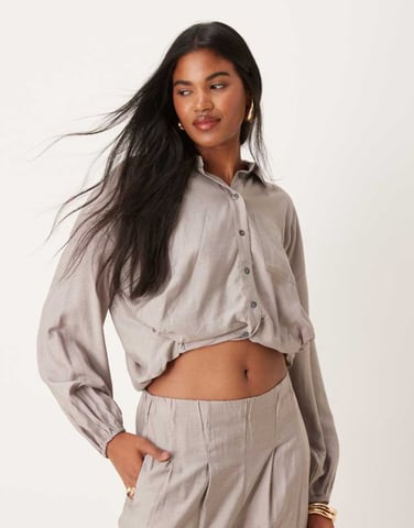 Vila cropped bubble hem shirt co-ord in grey