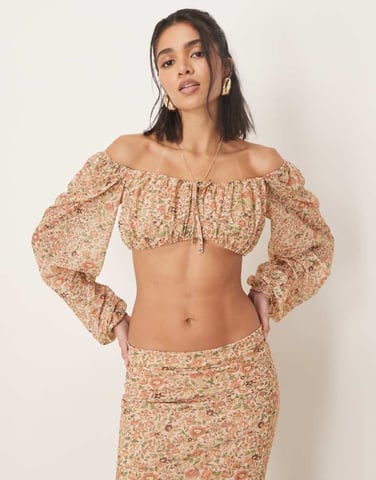 ASOS DESIGN co-ord long sleeve cropped milkmaid top in floral print