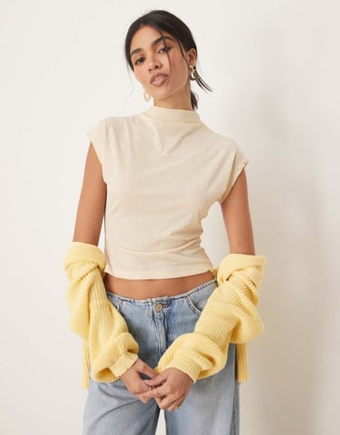 ASOS DESIGN dry handle rib grown on neck tee in cream
