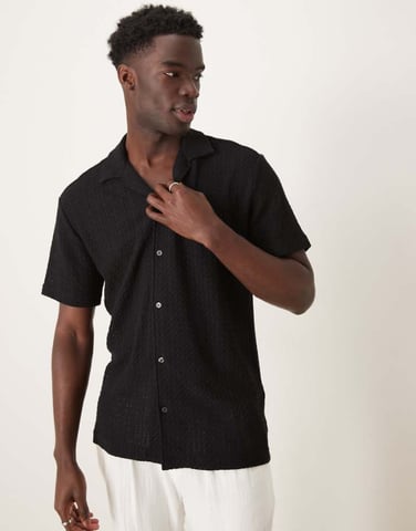 Selected textured revere collar shirt in black