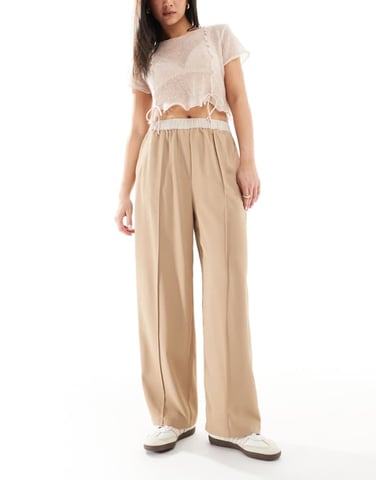 ASOS DESIGN cropped pull on trousers with contrast waist in camel