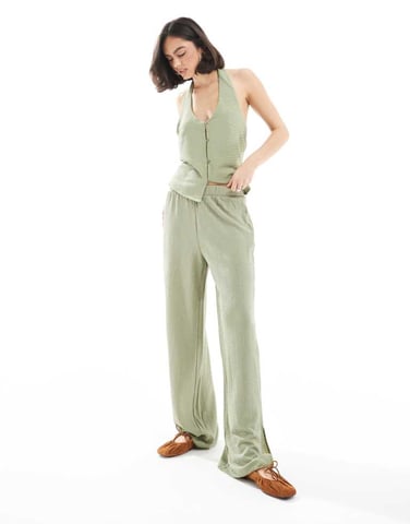Vero Moda textured jersey split leg trouser co-ord in tea green