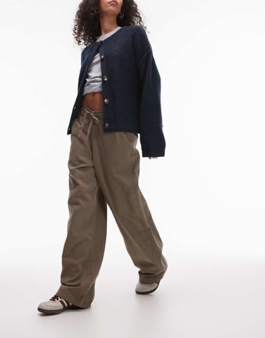 Topshop pull on tie waist trouser in khaki
