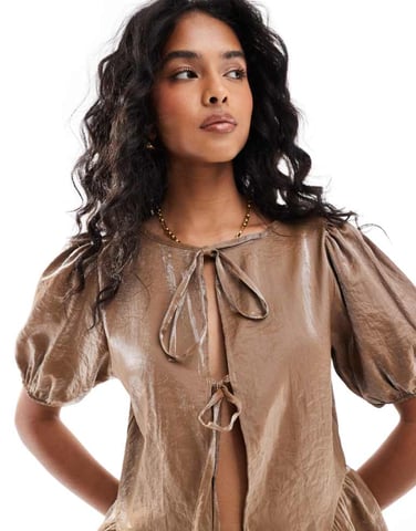 ASOS DEISGN tie front blouse in shimmer gold