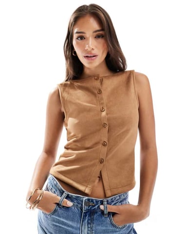 ASOS DESIGN suedette sleeveless button through top in sand