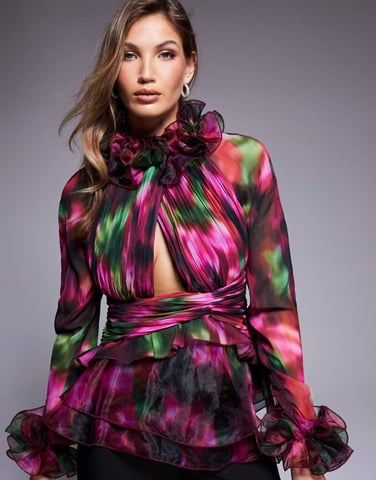 ASOS LUXE organza long sleeve exaggerated ruffle top in blurred floral