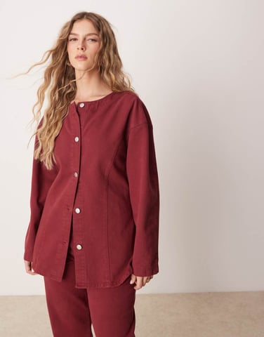 ASOS DESIGN cinch waist denim shirt in pomegranate