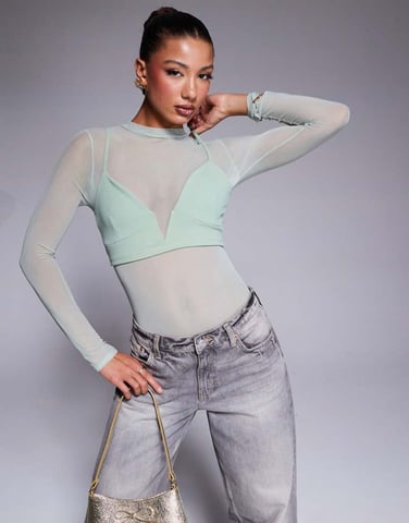 ASOS DESIGN layered mesh bodysuit with plunge bralet in sage