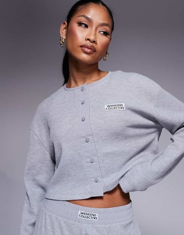 Weekend Collective co-ord waffle button top with nylon in grey marl