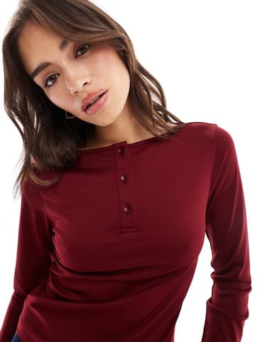 ASOS DESIGN gauzy mesh henley long sleeve top in burgundy