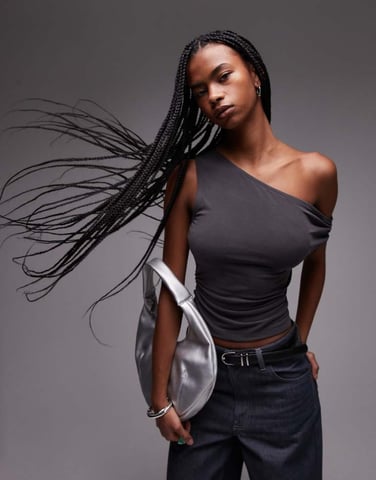 Topshop cupro ruched side top in charcoal
