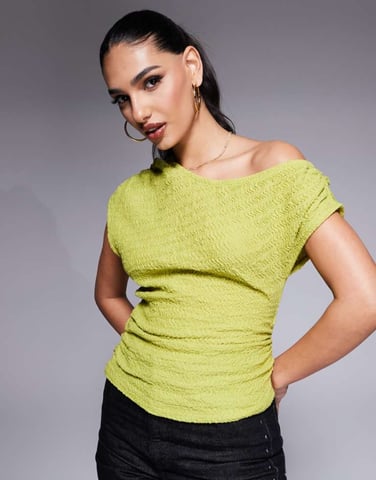 ASOS DESIGN asymmetric off shoulder textured top in olive