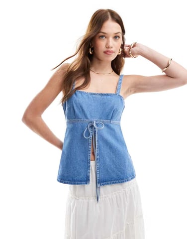 ASOS DESIGN denim split front top in mid blue