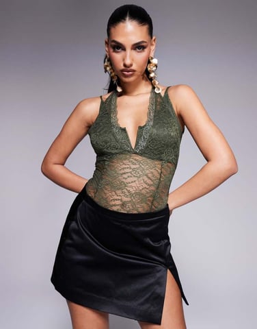 ASOS DESIGN strappy layered lace cami bodysuit in khaki