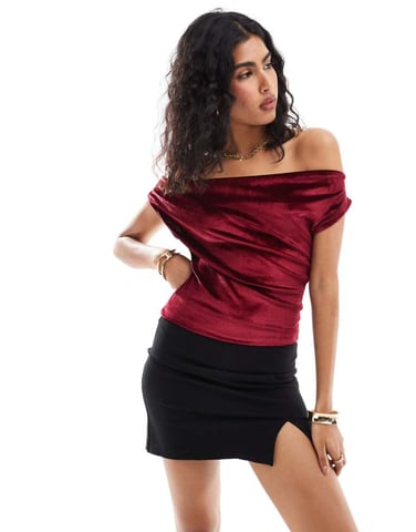 ASOS DESIGN velvet cowl neck top in red