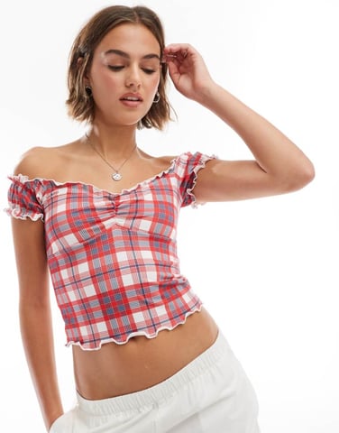ASOS DESIGN check milkmaid puff sleeve in wine