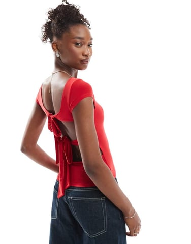 COLLUSION cap sleeve backless tie top in tomato red
