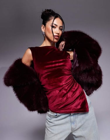 ASOS DESIGN asymmetric slash neck velvet top in plum