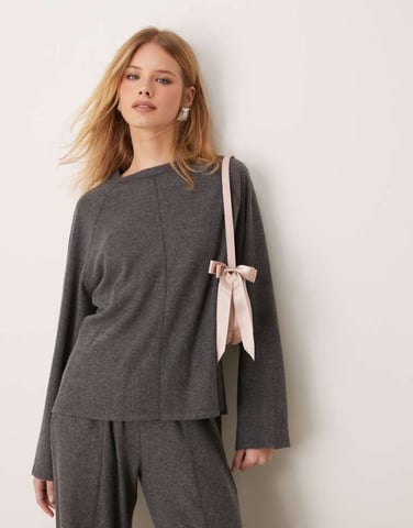 ASOS DESIGN exposed seam oversized supersoft top co ord in dark grey marl