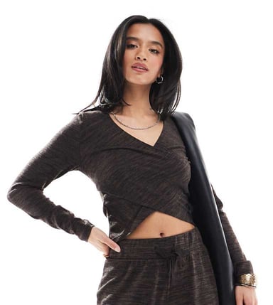 Vero Moda Petite cross front jersey top co-ord in chocolate melange