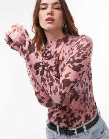 Topshop leopard crinkle long sleeve top in pink