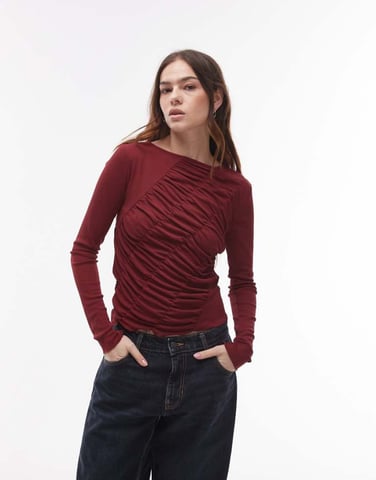 Topshop long sleeve shirred top in burgundy