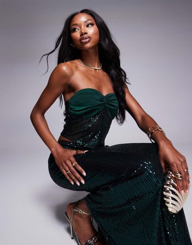 Missyempire contrast satin bandeau corset top co-ord in emerald sequin