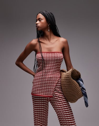 Topshop stickad randig bandeau co-ord i rostbrun