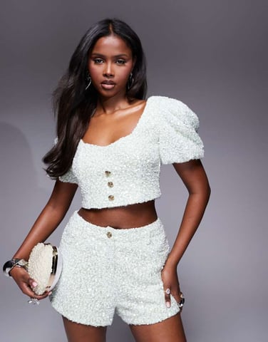 ASOS LUXE co-ord embellished texture puff sleeve top in mint