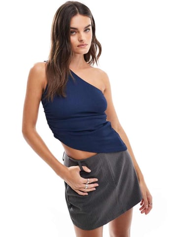 ASOS DESIGN ruched one shoulder asymmetric top in navy