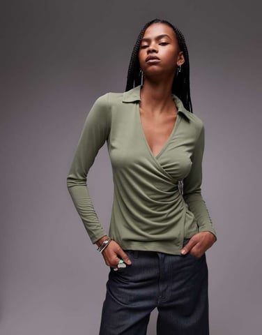 Topshop cupro long sleeve wrap top in green
