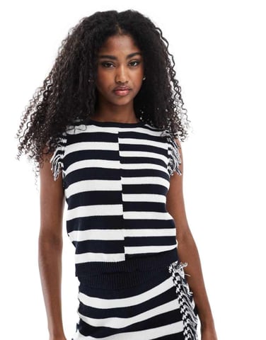 ASOS DESIGN knitted top with fringing co-ord in mono stripe