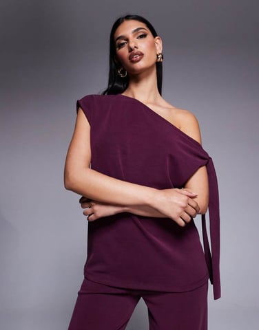 ASOS DESIGN co-ord asymmetric cupro top with tie detail in grape