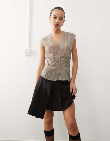 Weekday sheer sleeveless blouse top with v neck and corset waist detail in mole