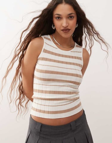 Noisy May rib tank top in beige and cream stripe