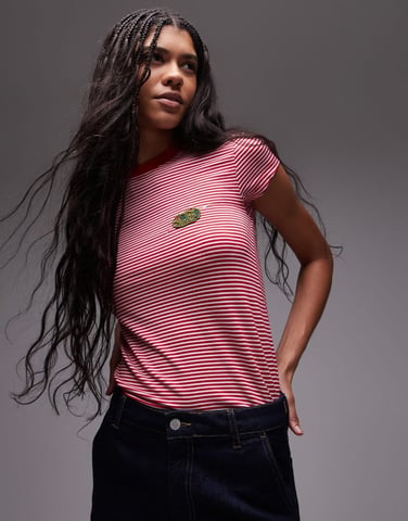 Topshop everyday tee with olive embroidery in red stripe